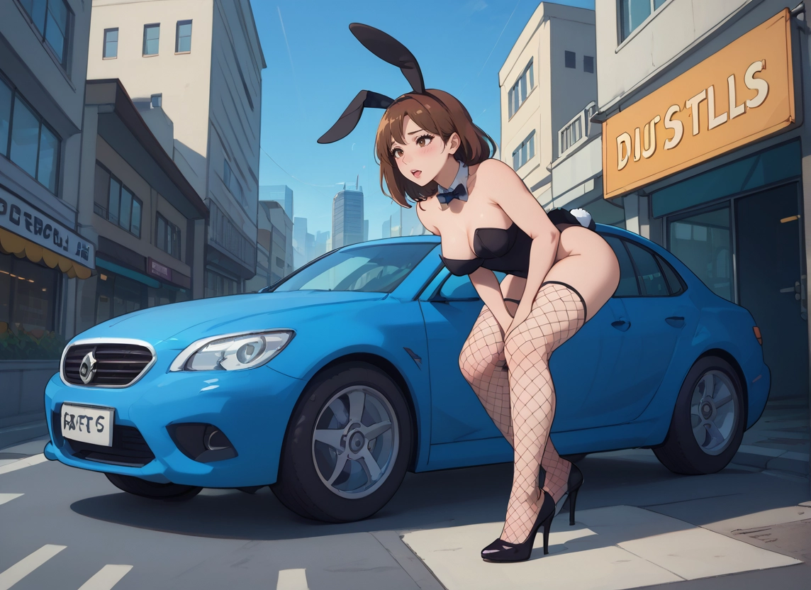 1girl, animal ears, car, rabbit ears, motor vehicle, high heels · Yamete.gg