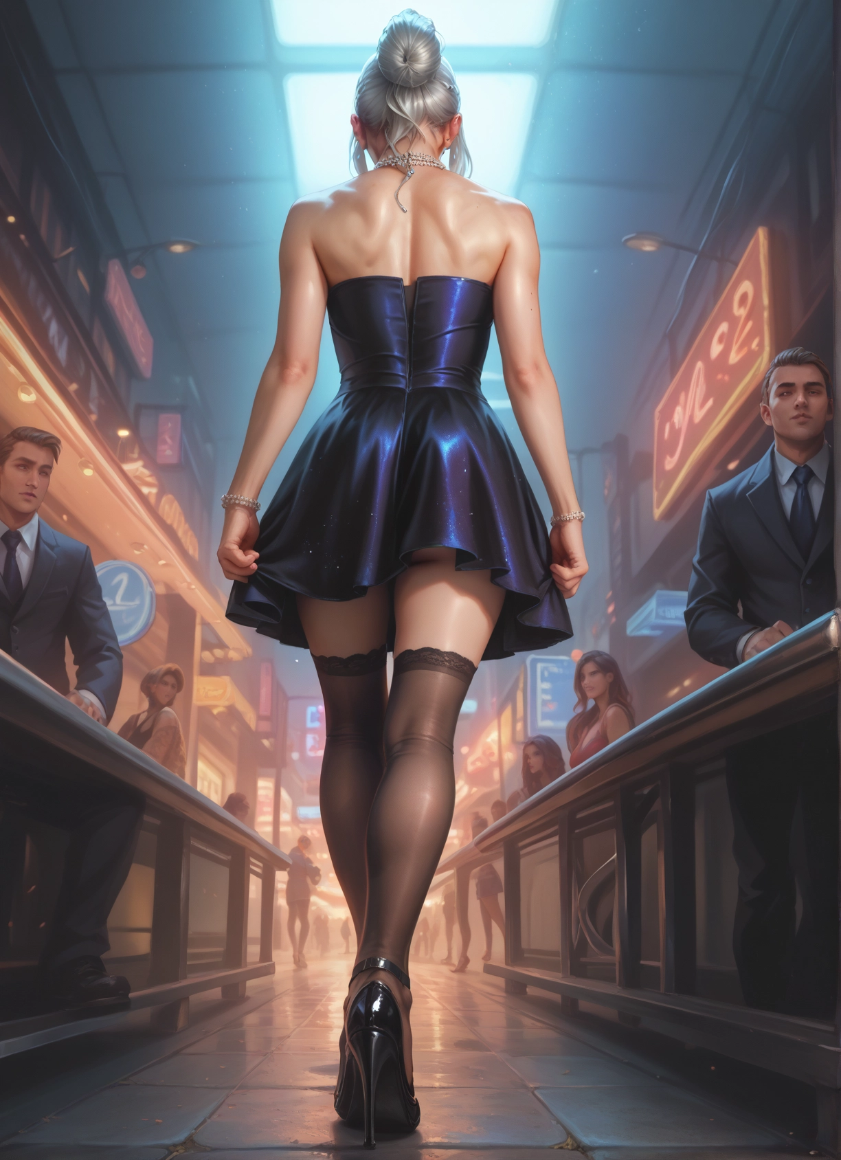 thighhighs, dress, high heels, jewelry, from behind, bracelet · Yamete.gg