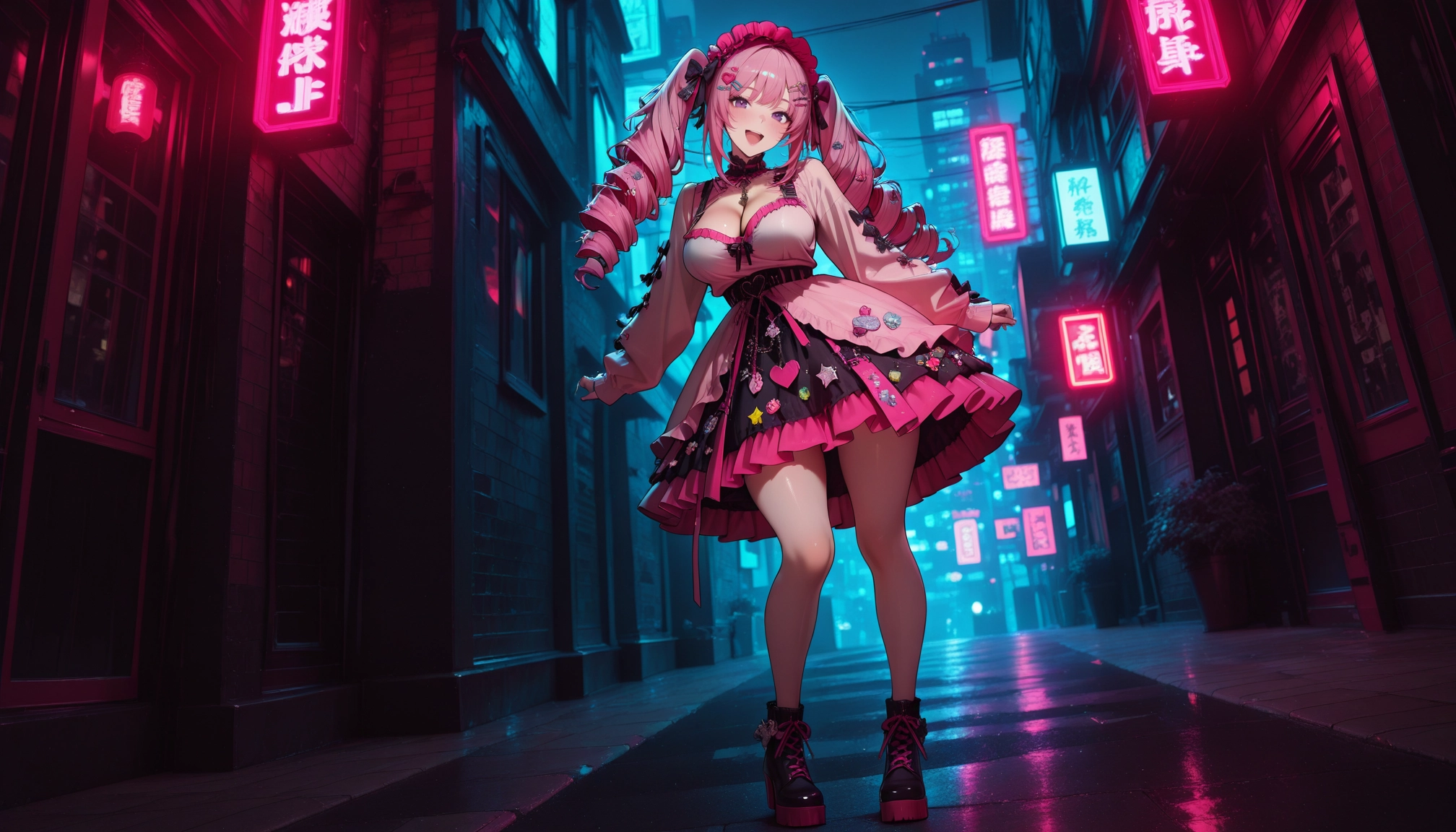 1girl, breasts, solo, drill hair, neon lights, pink hair · Yamete.gg