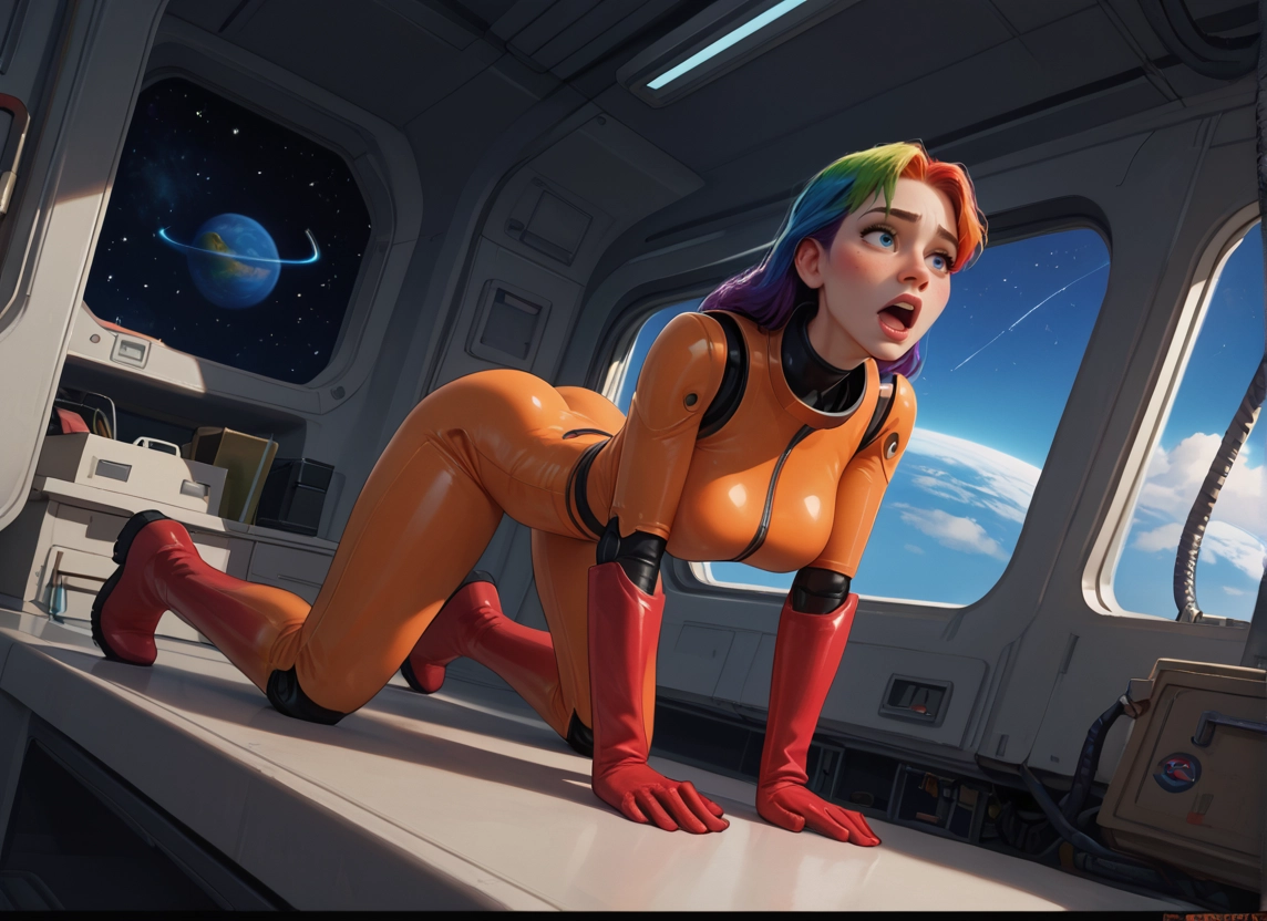 1girl, solo, multicolored hair, space, bodysuit, open mouth · Yamete.gg