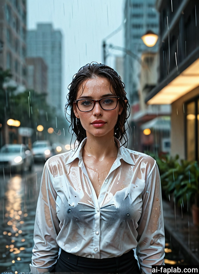 1girl, wet, glasses, rain, solo, wet clothes · Yamete.gg