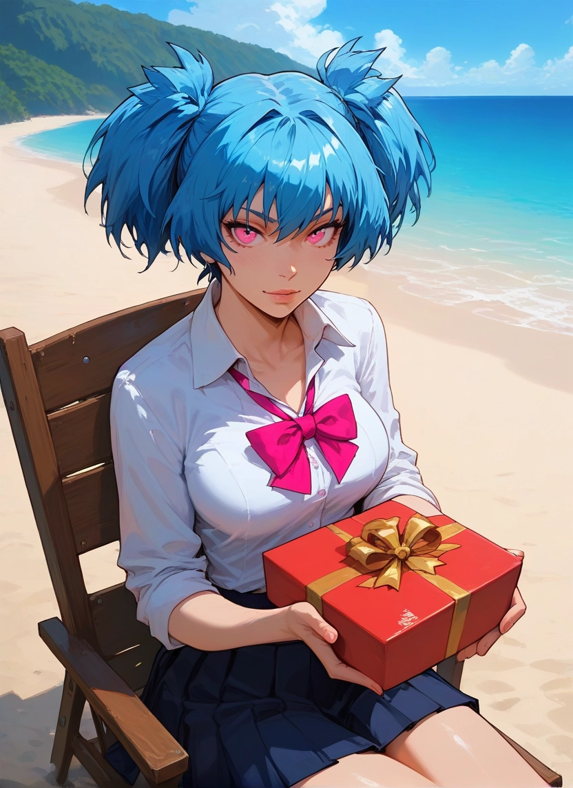 1girl, skirt, solo, beach, gift, sitting · Yamete.gg