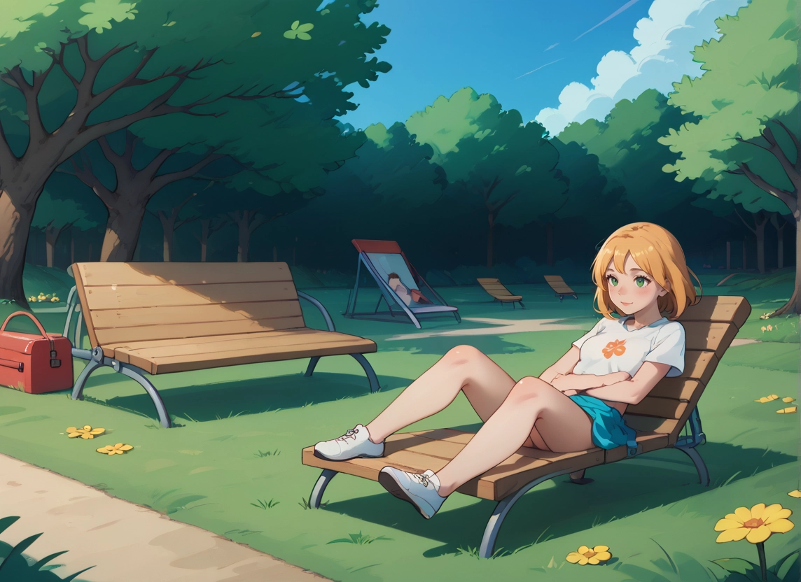green eyes, tree, flower, bench, short hair, shoes