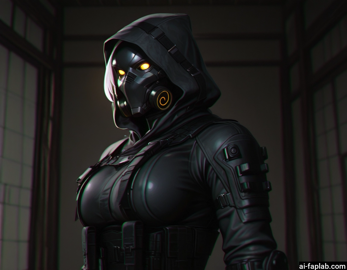1girl, solo, breasts, mask, hood, gas mask