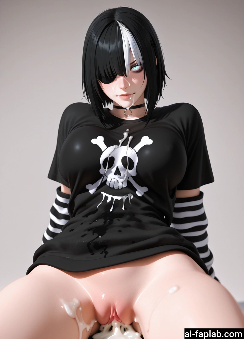 1girl, cum, black hair, solo, breasts, multicolored hair