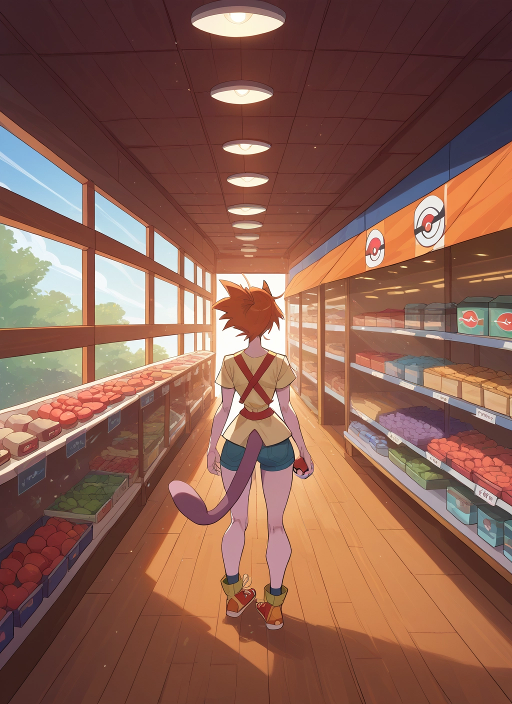 1girl, tail, shorts, solo, holding, shirt · Yamete.gg