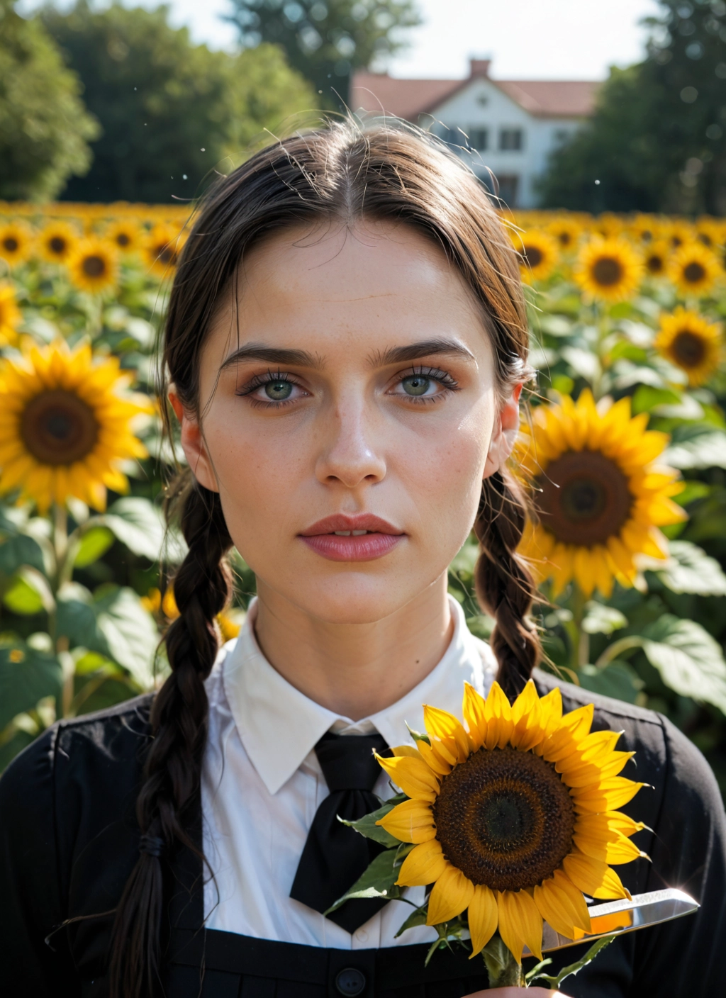 1girl, flower, solo, sunflower, braid, holding · Yamete.gg