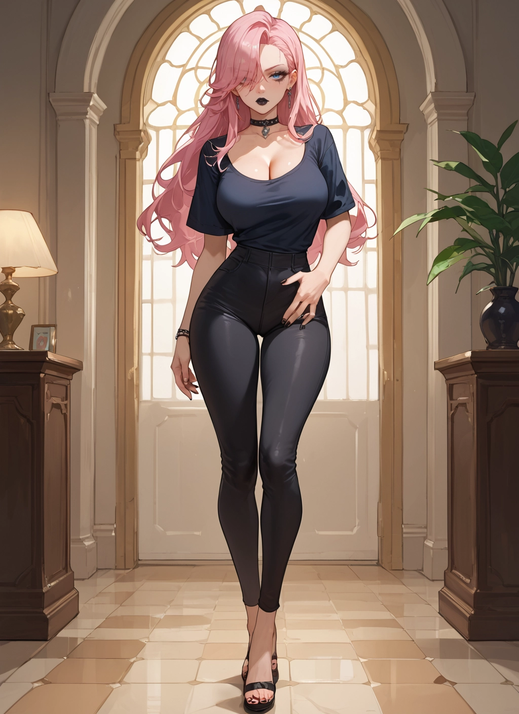 1girl, breasts, pink hair, jewelry, pants, long hair · Yamete.gg