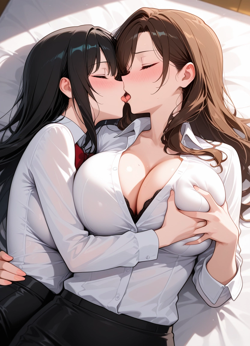 breasts, multiple girls, 2girls, yuri, kiss, brown hair · Yamete.gg