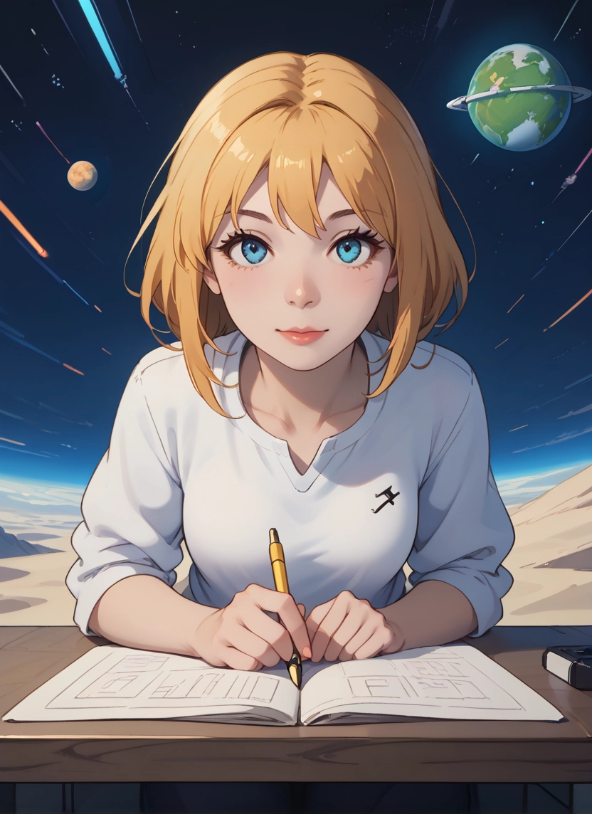 1girl, solo, blue eyes, blonde hair, looking at viewer, planet · Yamete.gg