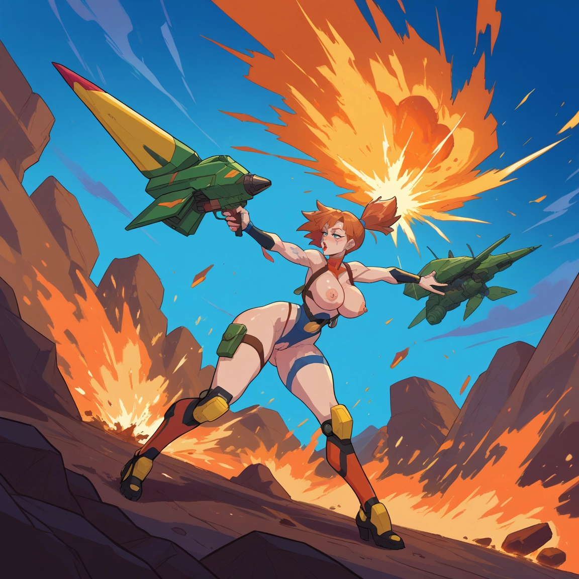 1girl, breasts, nipples, weapon, explosion, solo · Yamete.gg