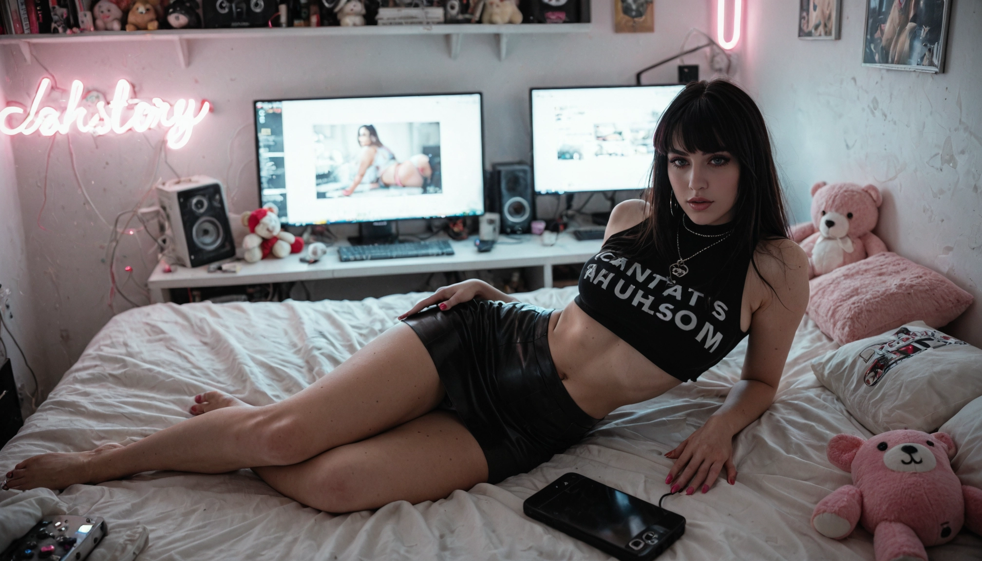 1girl, solo, navel, stuffed toy, lying, teddy bear · Yamete.gg
