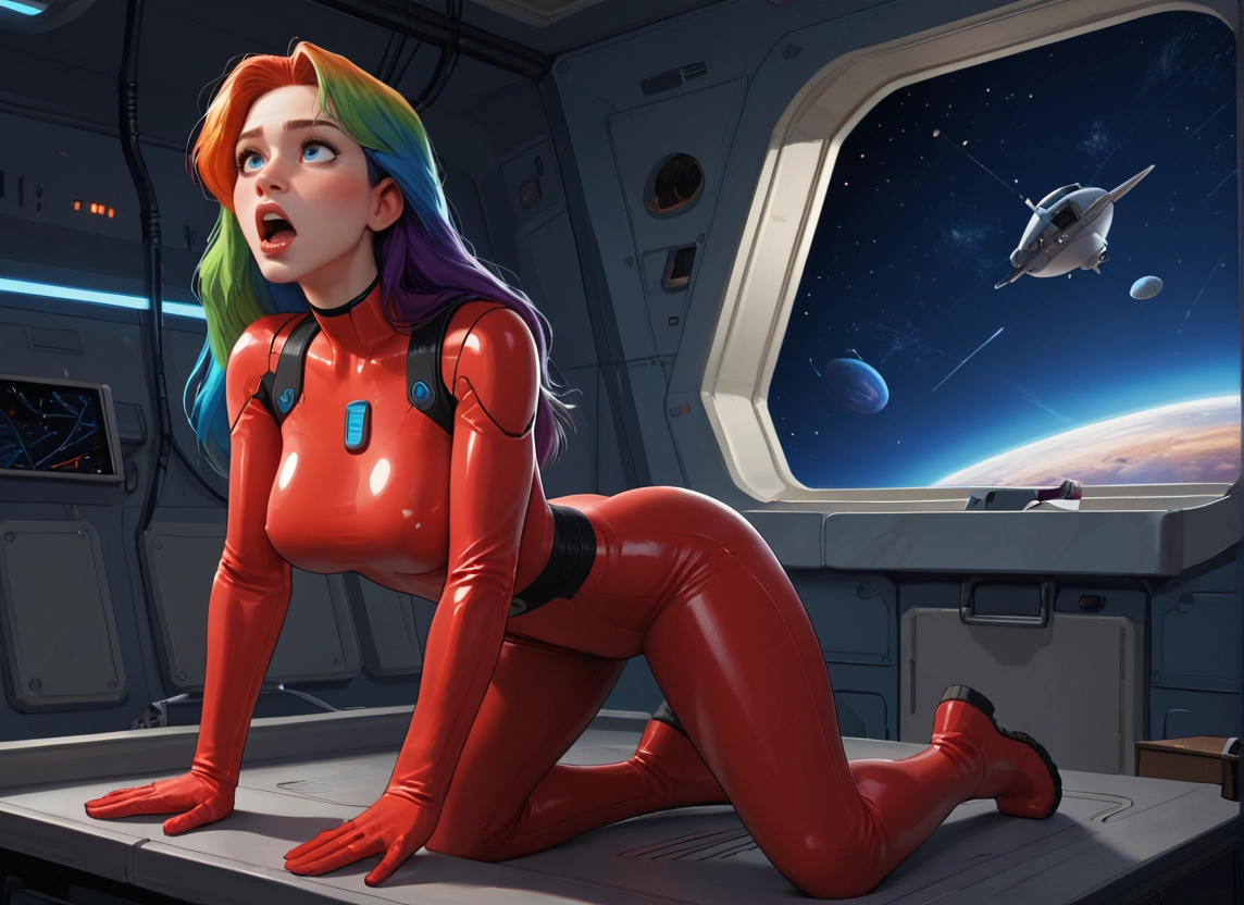 1girl, multicolored hair, solo, open mouth, space, breasts · Yamete.gg