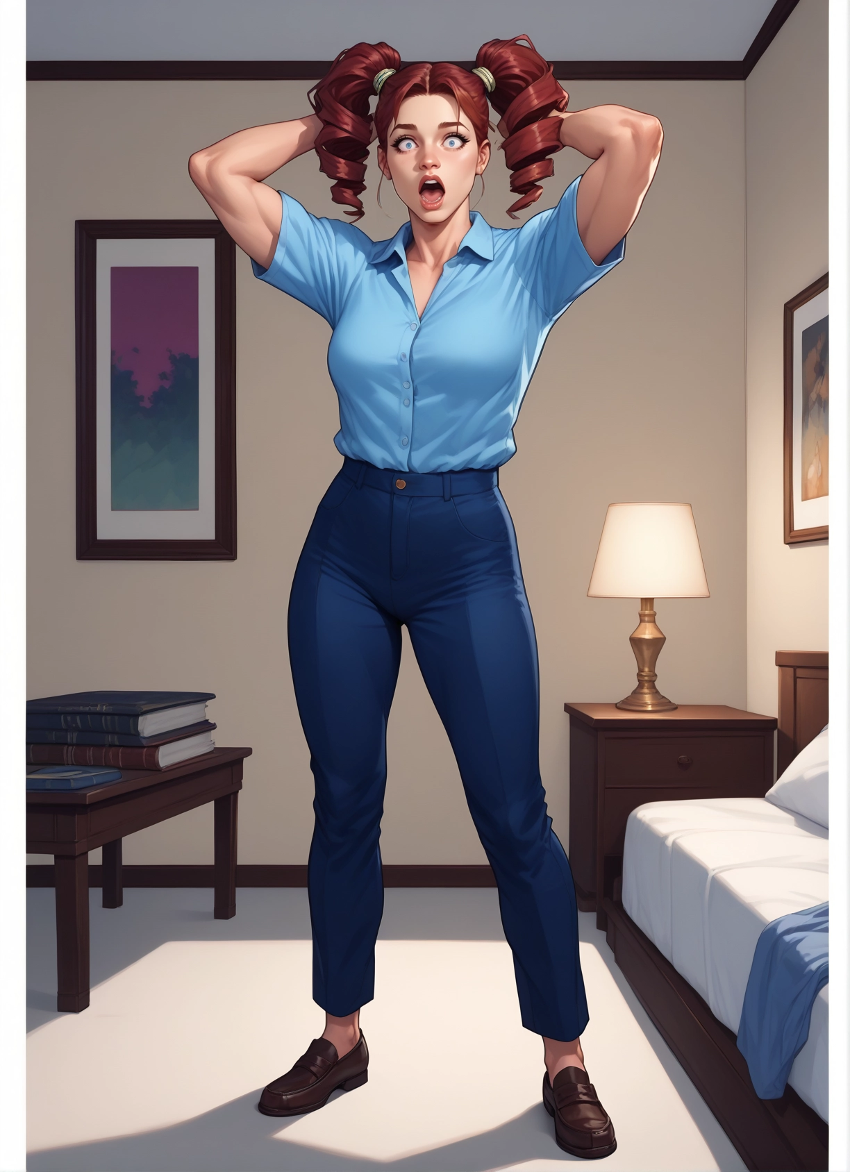 1girl, solo, drill hair, lamp, pants, open mouth · Yamete.gg