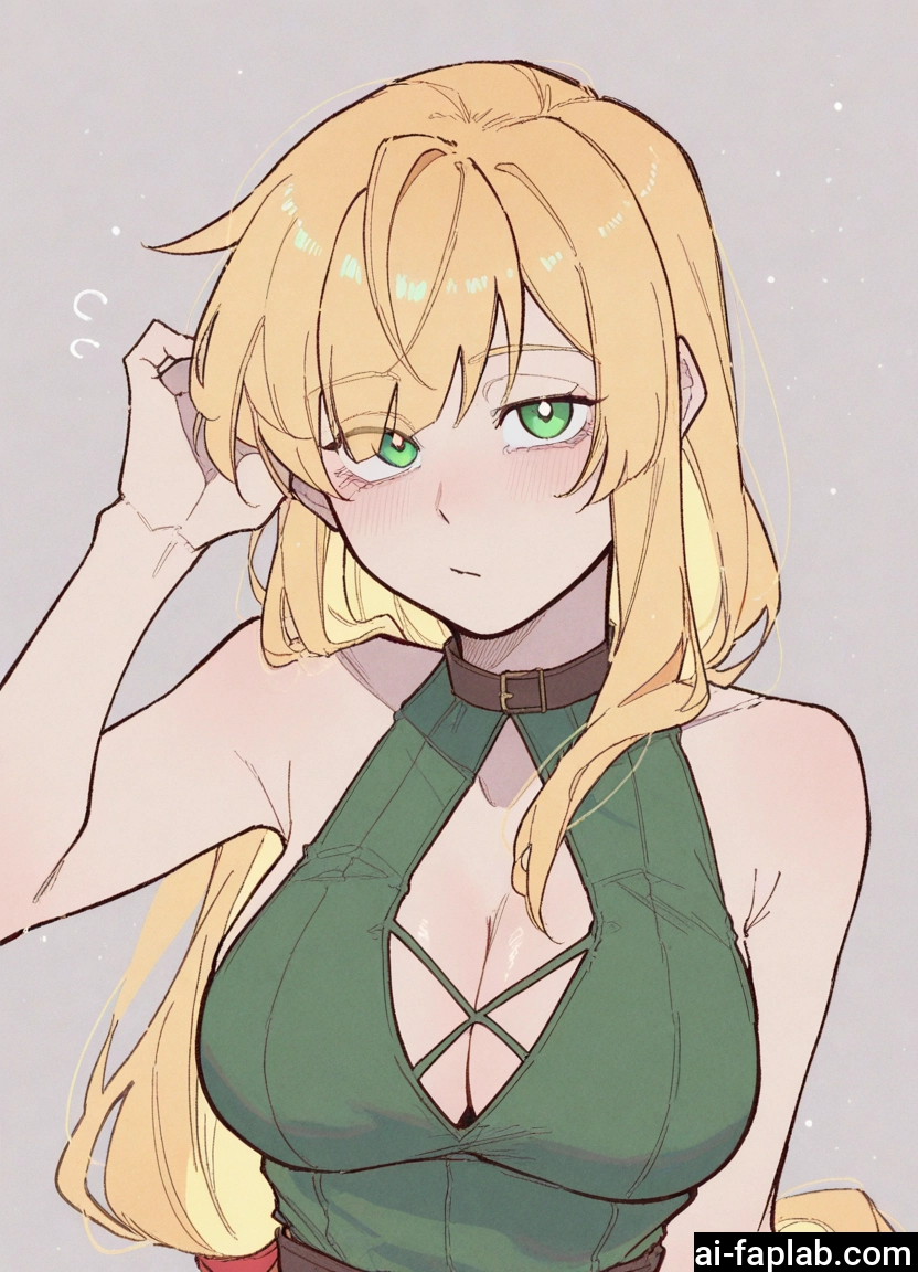 1girl, breasts, blonde hair, green eyes, long hair, cleavage