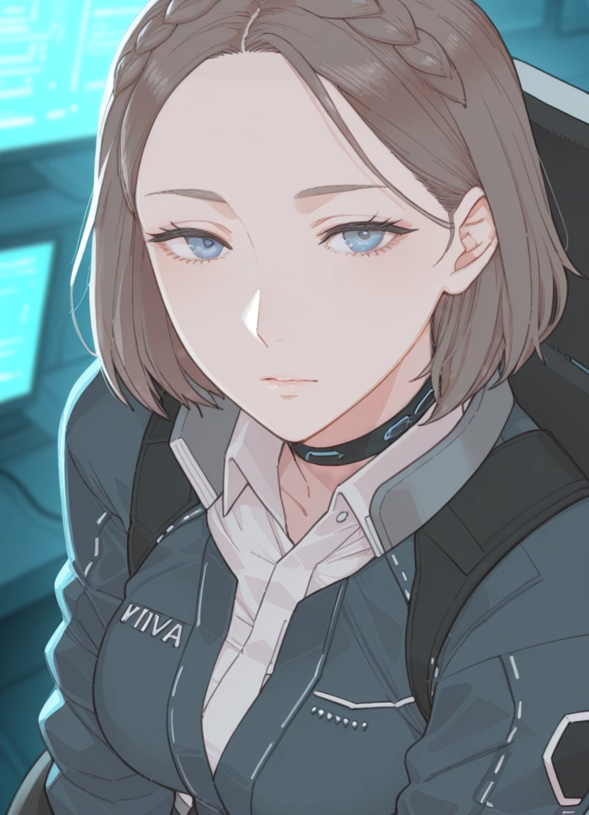 1girl, solo, brown hair, blue eyes, shirt, looking at viewer · Yamete.gg