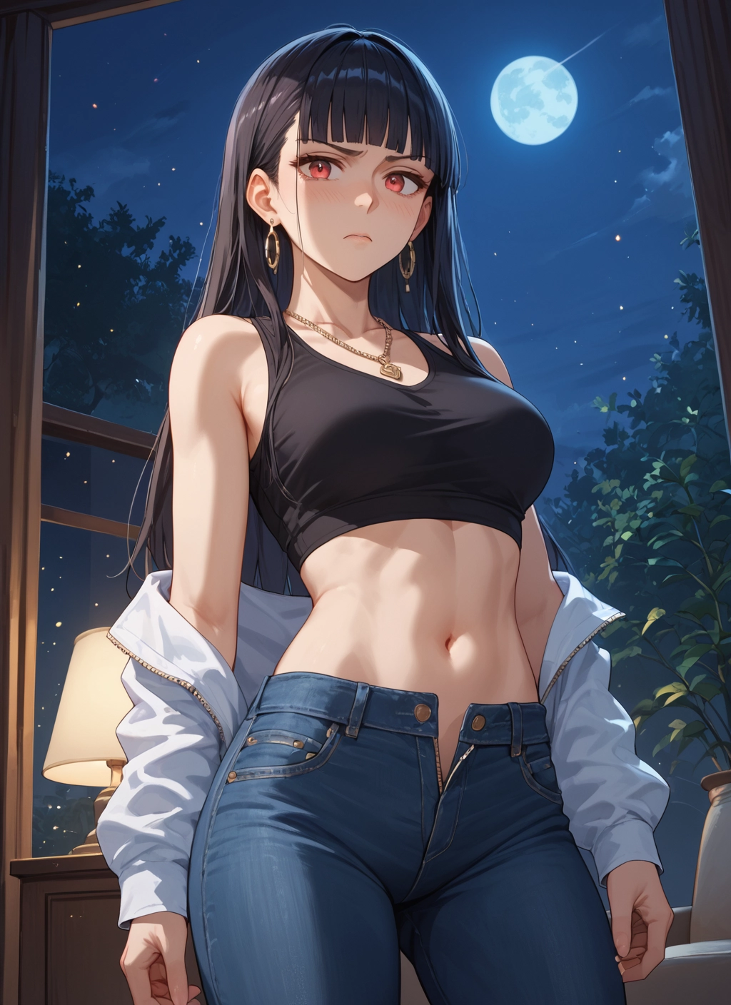 1girl, jewelry, navel, earrings, long hair, breasts · Yamete.gg