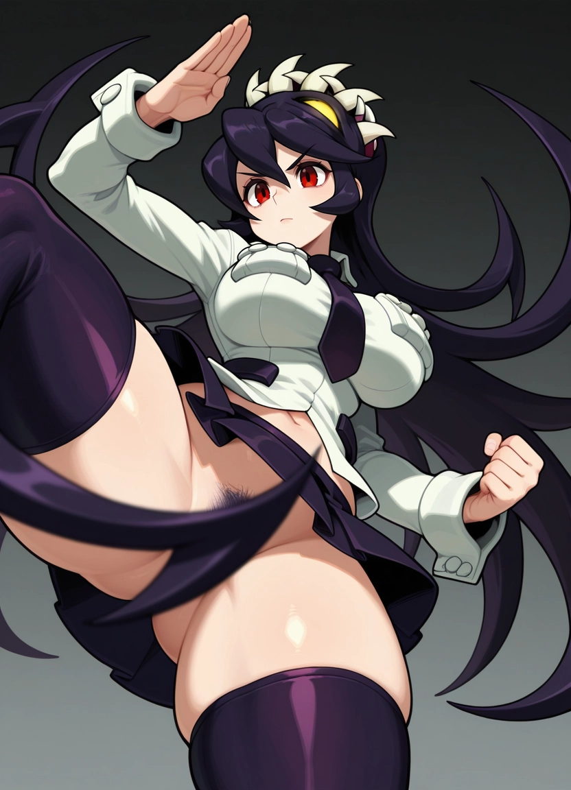 1girl, filia (skullgirls), breasts, red eyes, thighhighs, solo · Yamete.gg