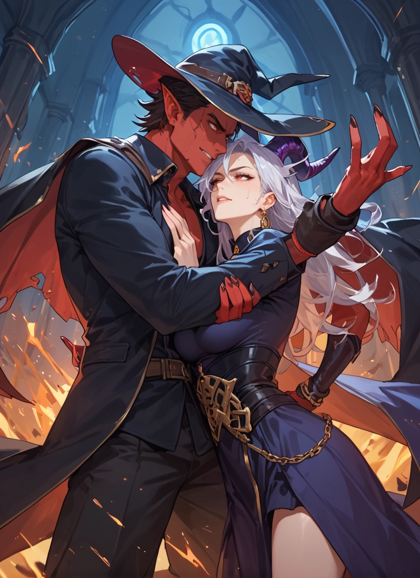 1girl, 1boy, hat, horns, witch hat, jewelry · Yamete.gg