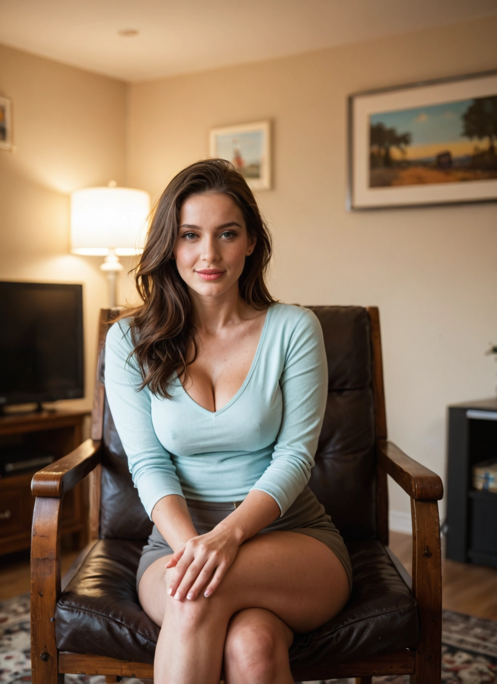 1girl, breasts, solo, sitting, skirt, cleavage · Yamete.gg