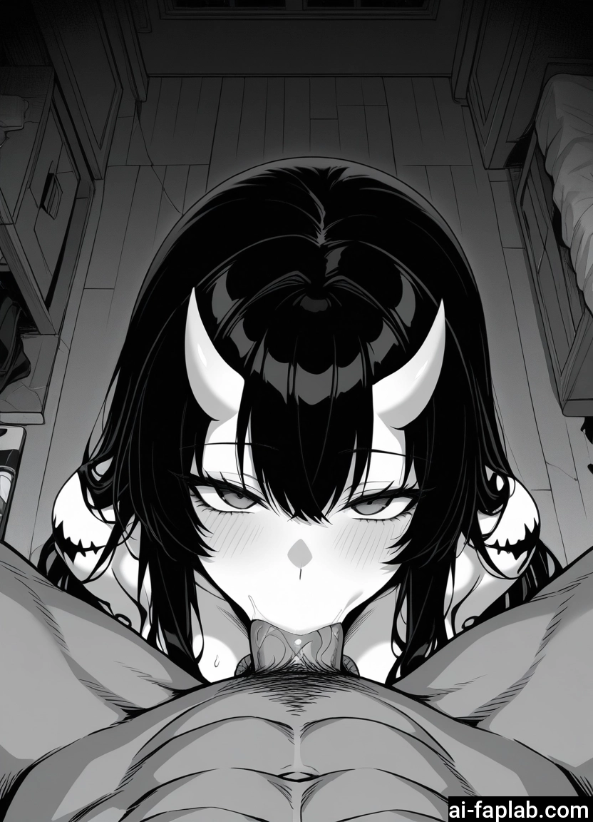 monochrome, greyscale, 1girl, penis, oral, hetero