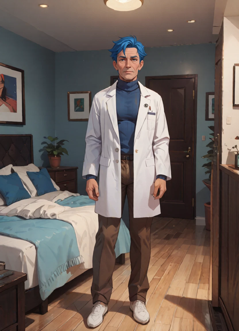 bara, 1boy, male focus, blue hair, brown pants, solo · Yamete.gg