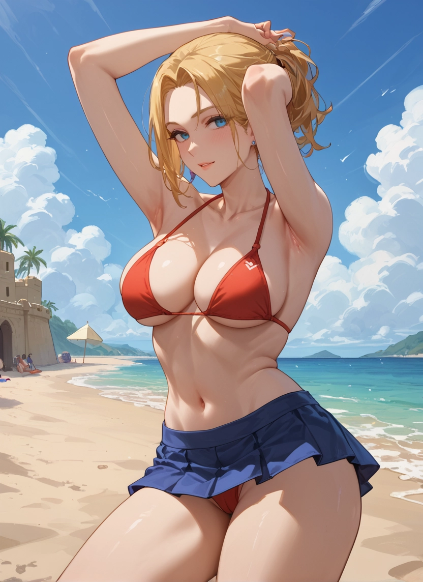 breasts, blonde hair, swimsuit, bikini, blue eyes, beach · Yamete.gg