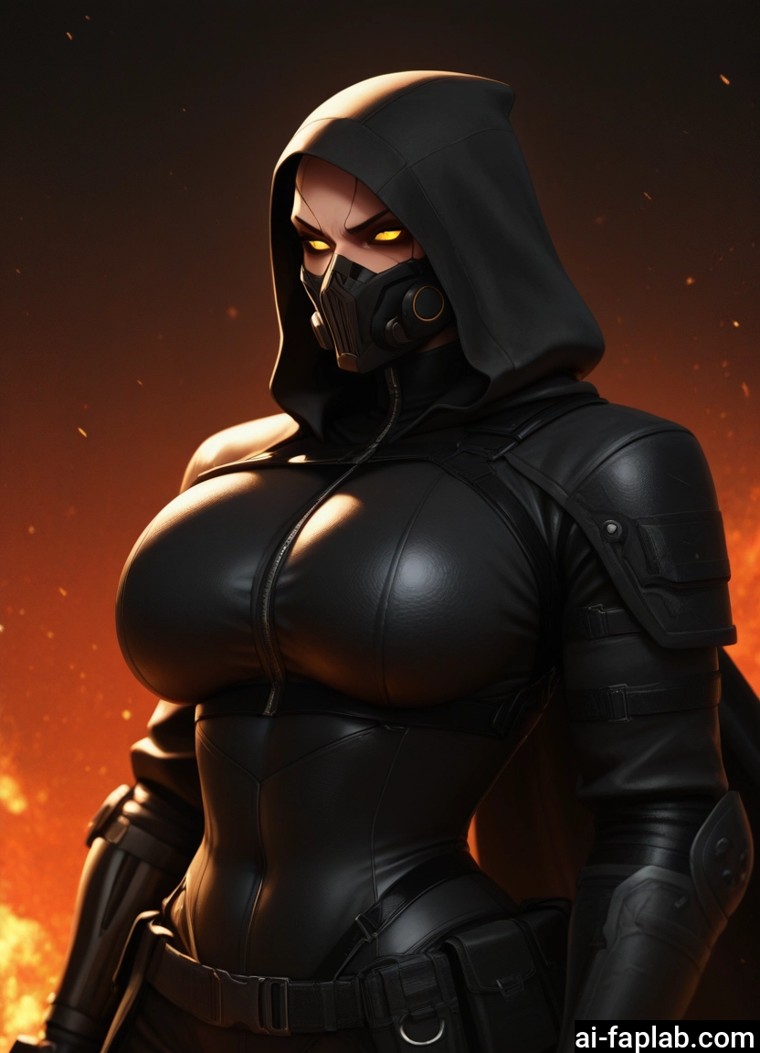 1girl, breasts, mask, solo, hood, genderswap (mtf)