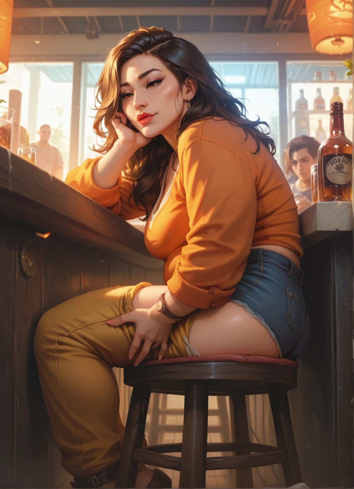 breasts, jewelry, pants, sitting, denim, earrings · Yamete.gg
