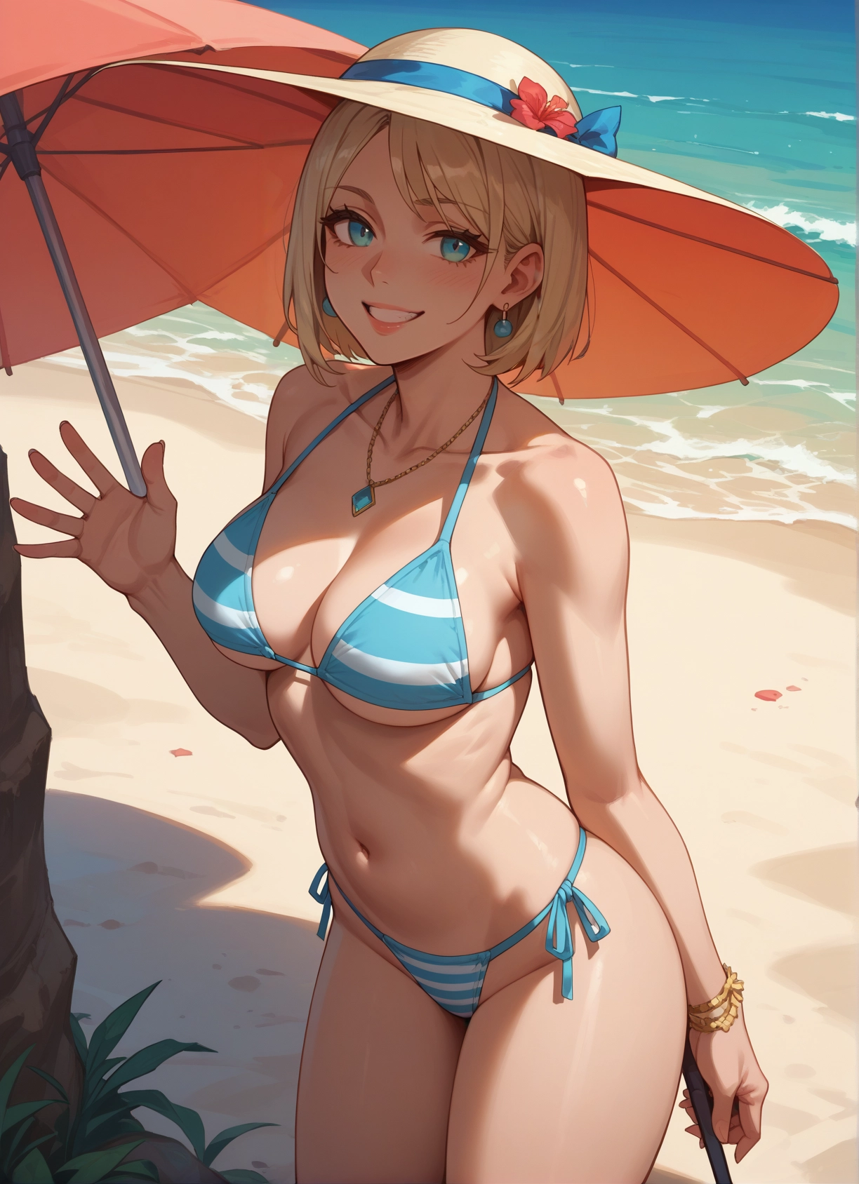 1girl, swimsuit, breasts, bikini, jewelry, hat · Yamete.gg
