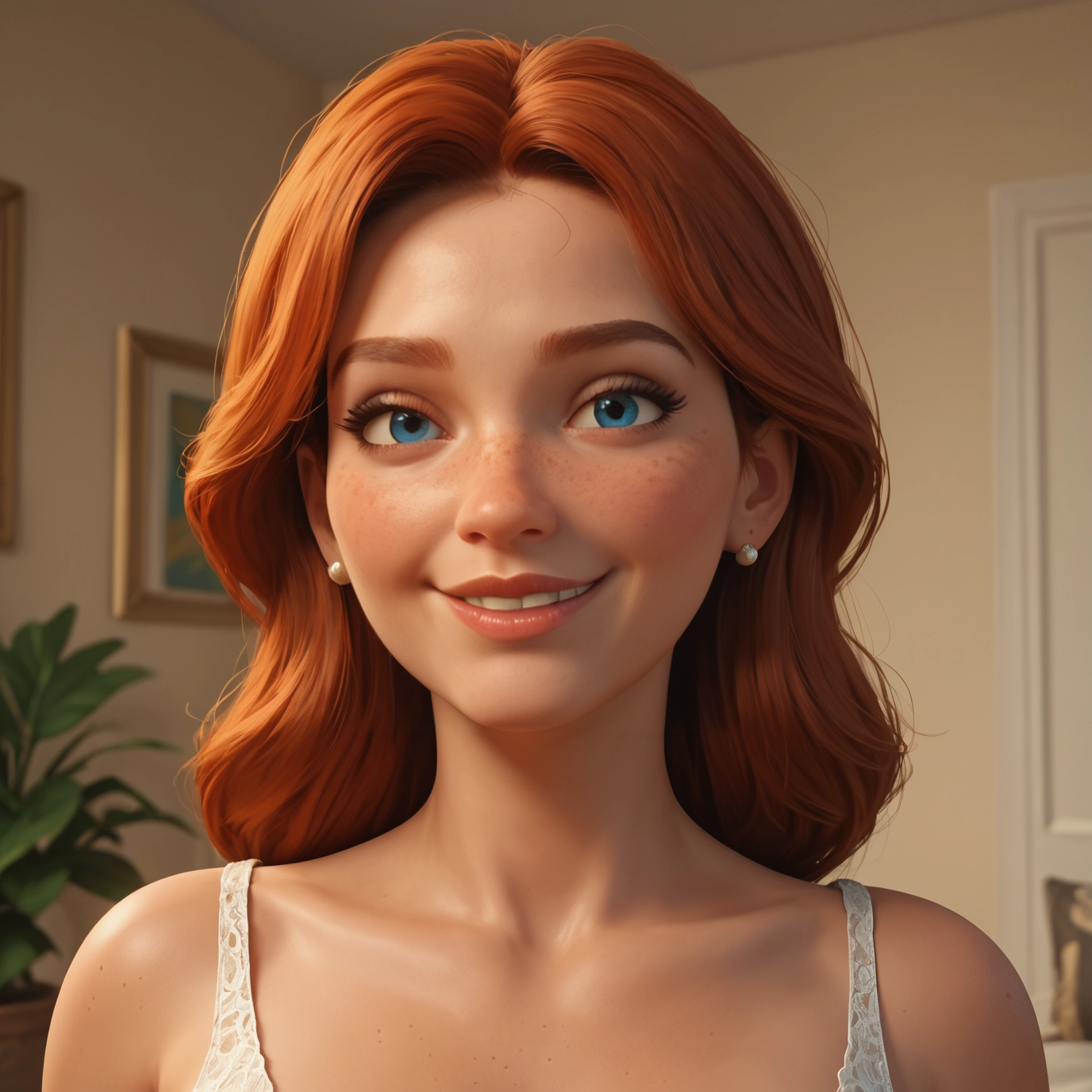 1girl, freckles, solo, blue eyes, smile, earrings · Yamete.gg