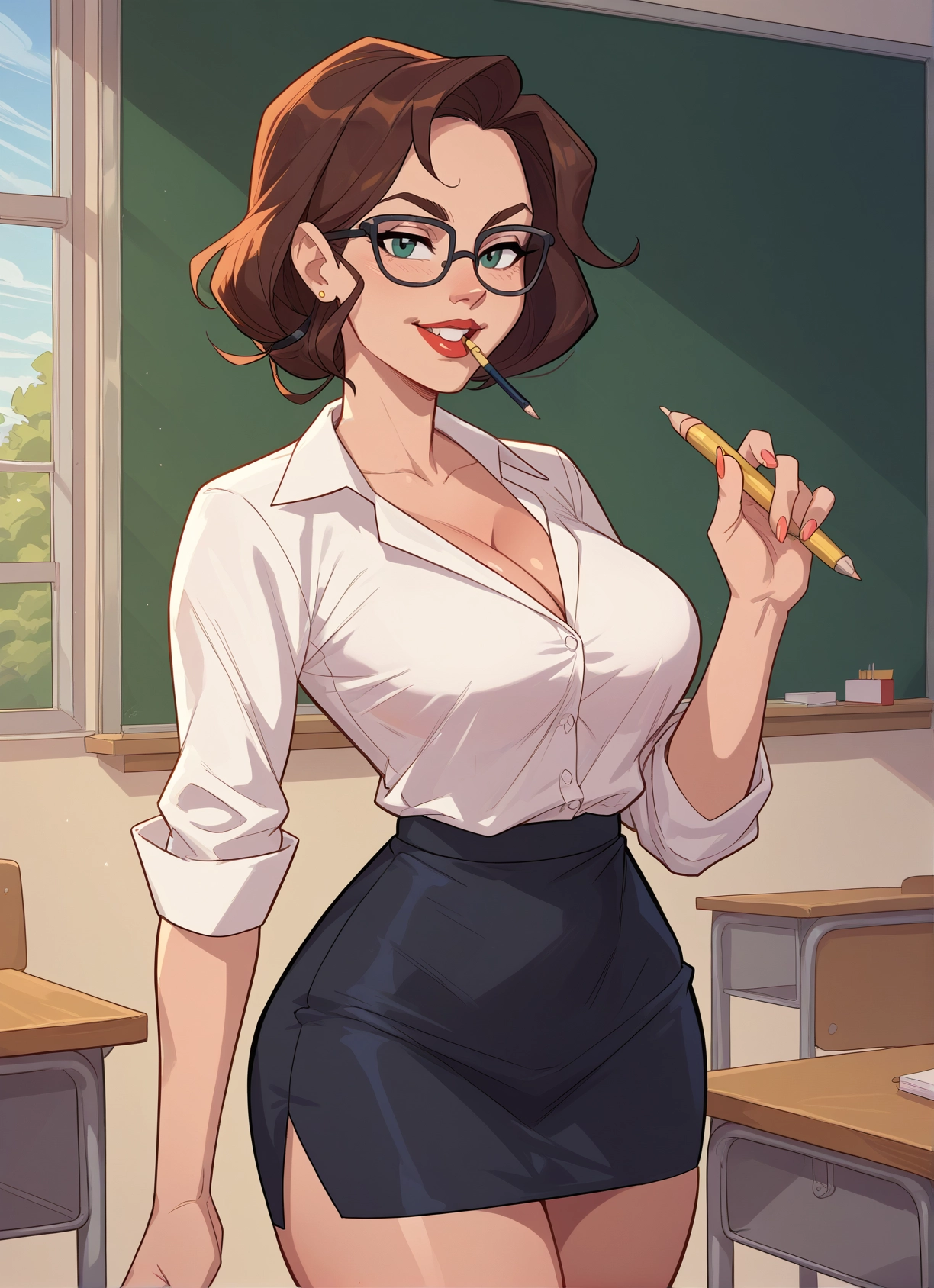 1girl, breasts, skirt, brown hair, glasses, cleavage · Yamete.gg