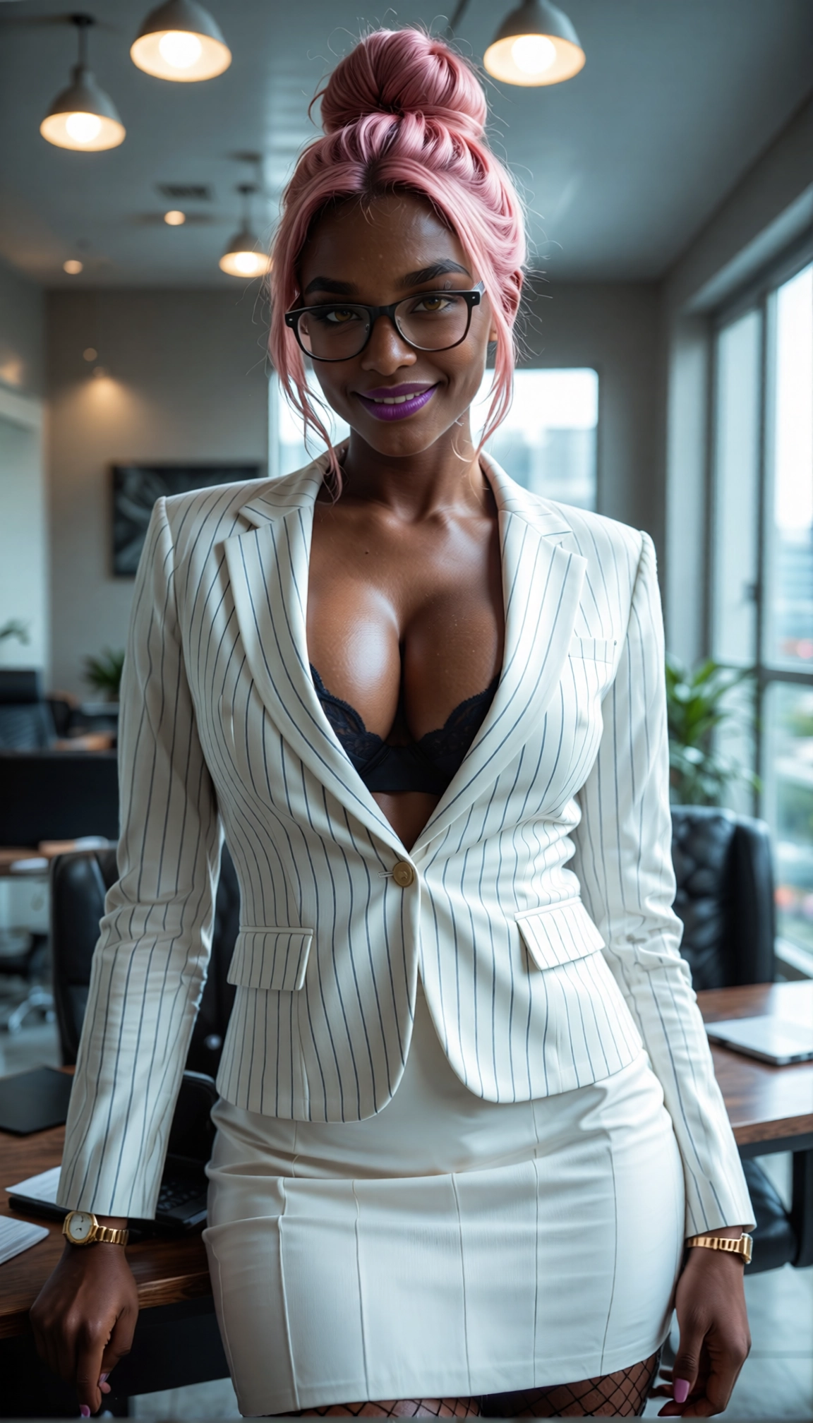 1girl, breasts, glasses, skirt, solo, striped · Yamete.gg