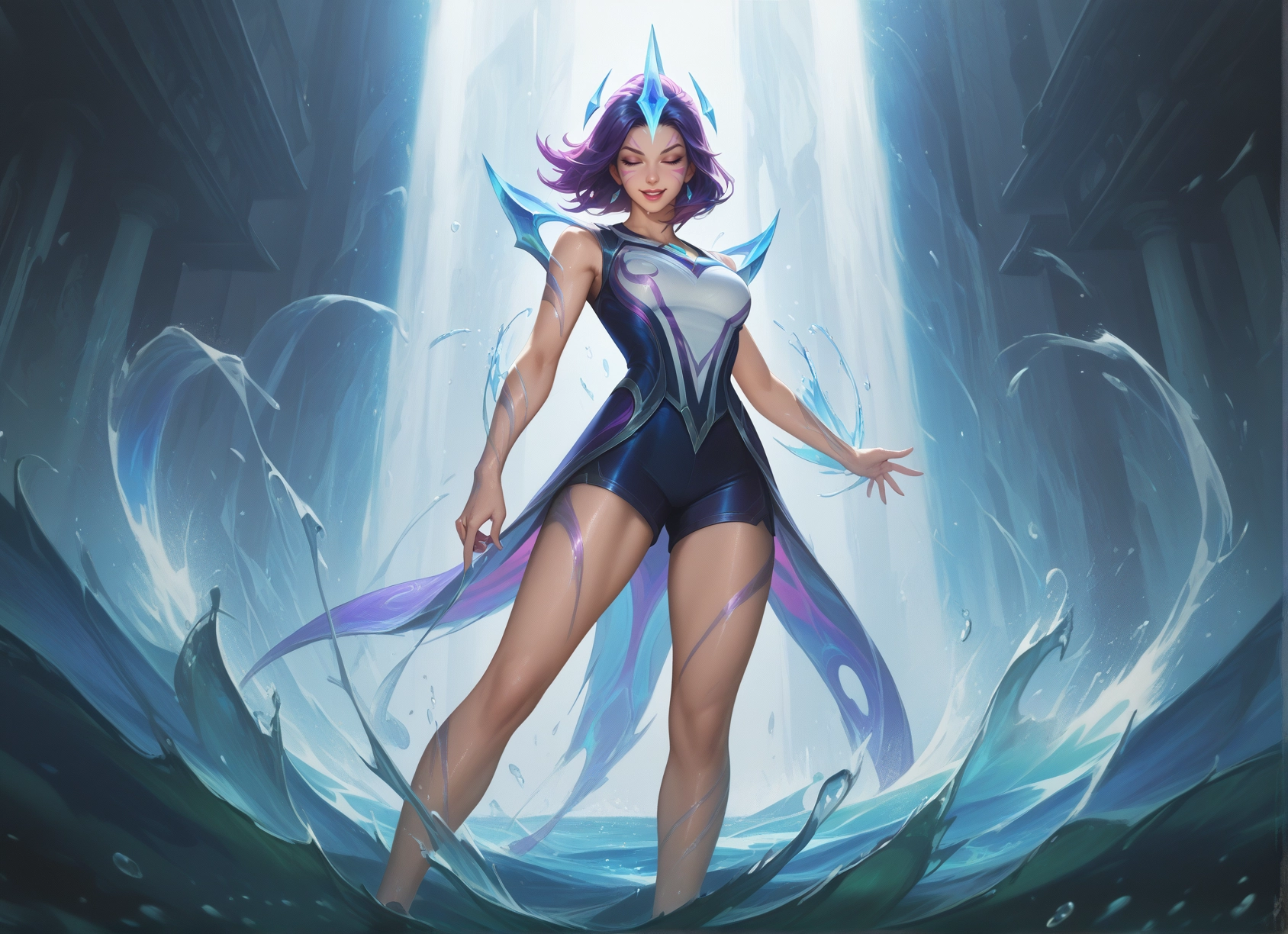 1girl, closed eyes, solo, purple hair, water, breasts · Yamete.gg