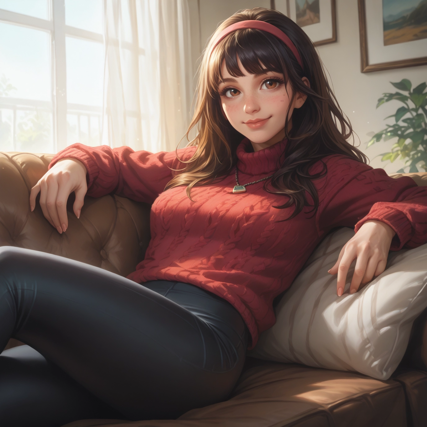 1girl, solo, sweater, brown hair, hairband, pants · Yamete.gg