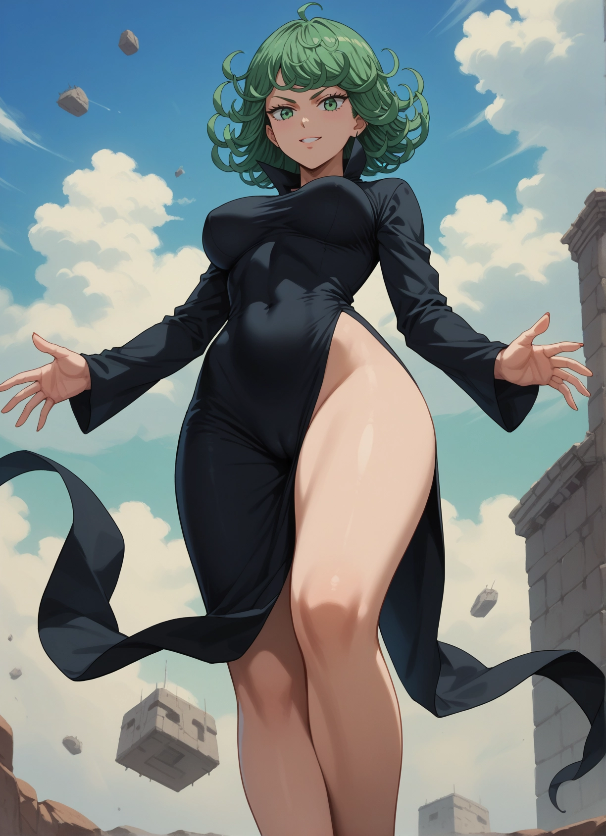 1girl, green eyes, dress, breasts, green hair, solo · Yamete.gg