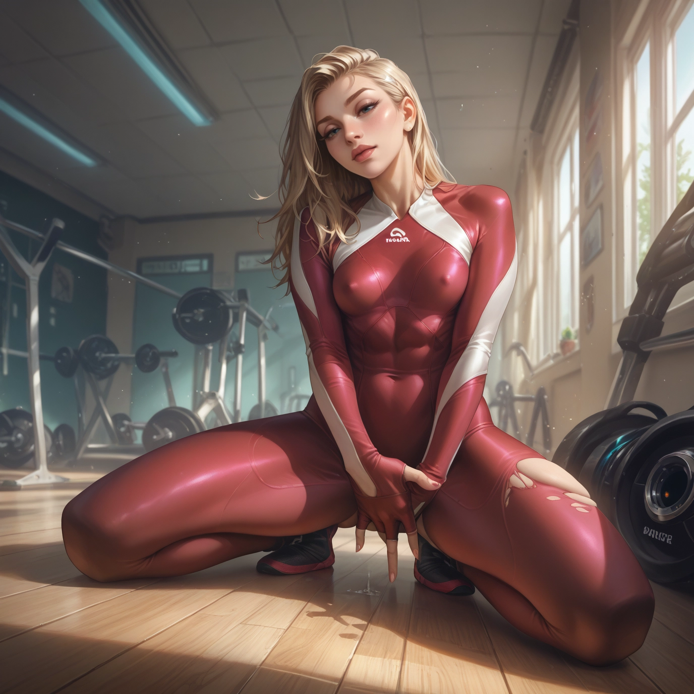 1girl, bodysuit, blonde hair, solo, torn clothes, breasts · Yamete.gg