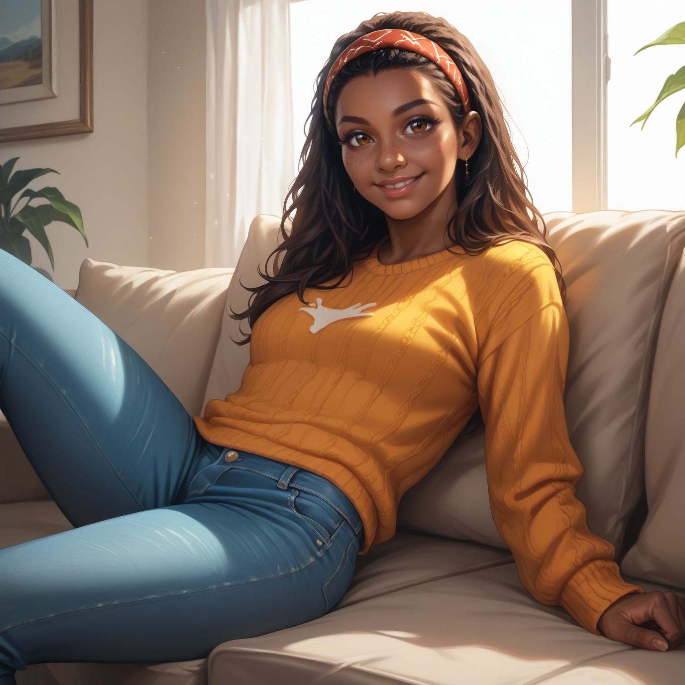 1girl, solo, pants, sweater, smile, denim · Yamete.gg