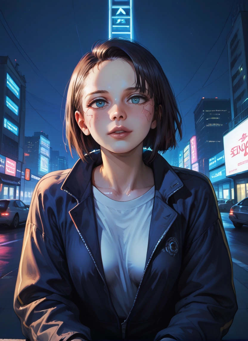 1girl, jacket, short hair, looking at viewer, blue eyes, night · Yamete.gg