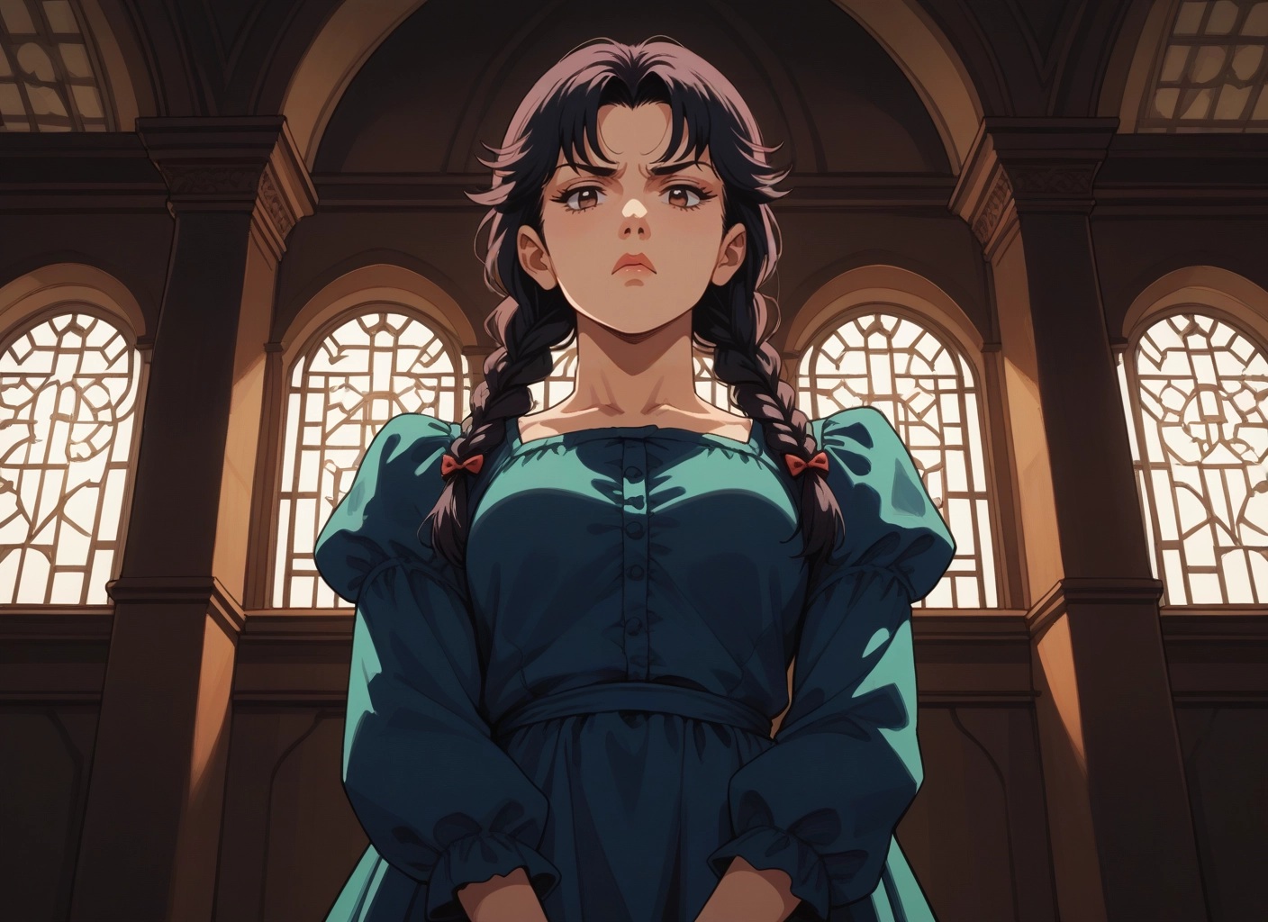 1girl, dress, solo, braid, twin braids, blue dress
