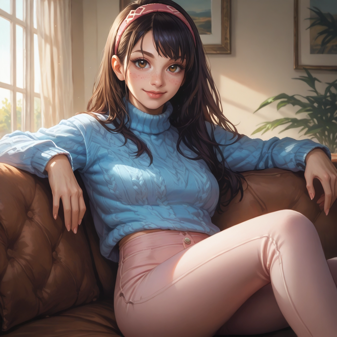 1girl, solo, sweater, long hair, pants, hairband · Yamete.gg