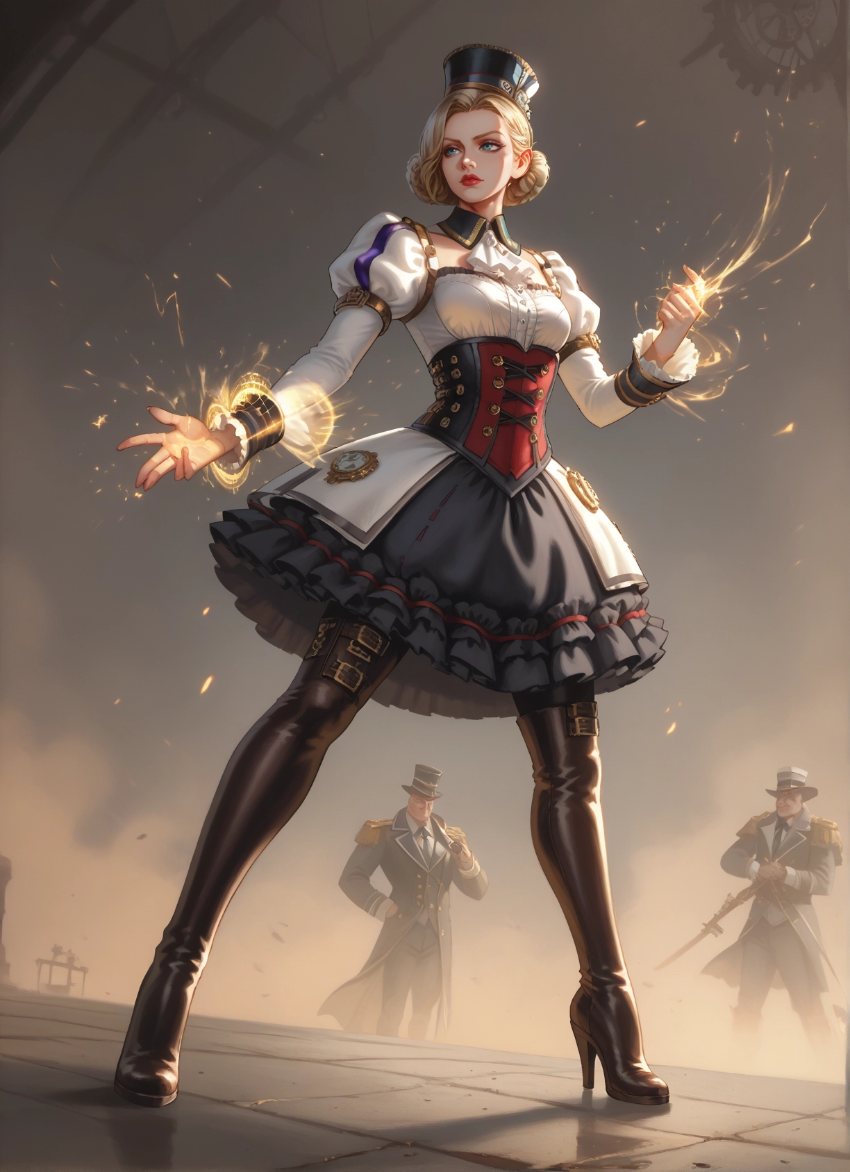 1girl, weapon, blonde hair, hat, boots, blue eyes · Yamete.gg