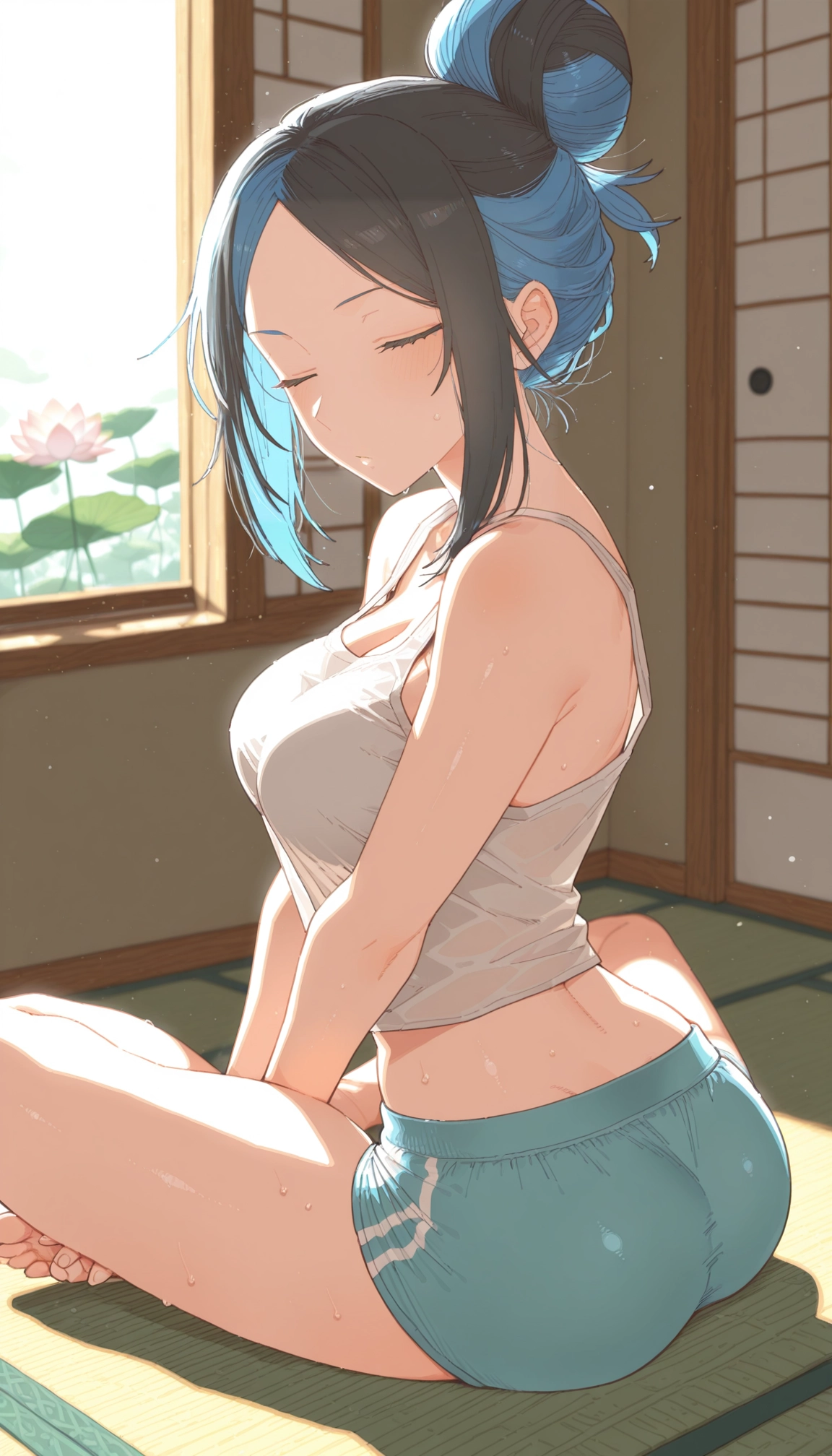 1girl, breasts, closed eyes, solo, sitting, sweat · Yamete.gg