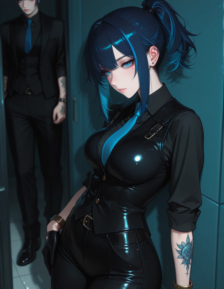 1girl, gloves, tattoo, necktie, 1boy, pants · Yamete.gg