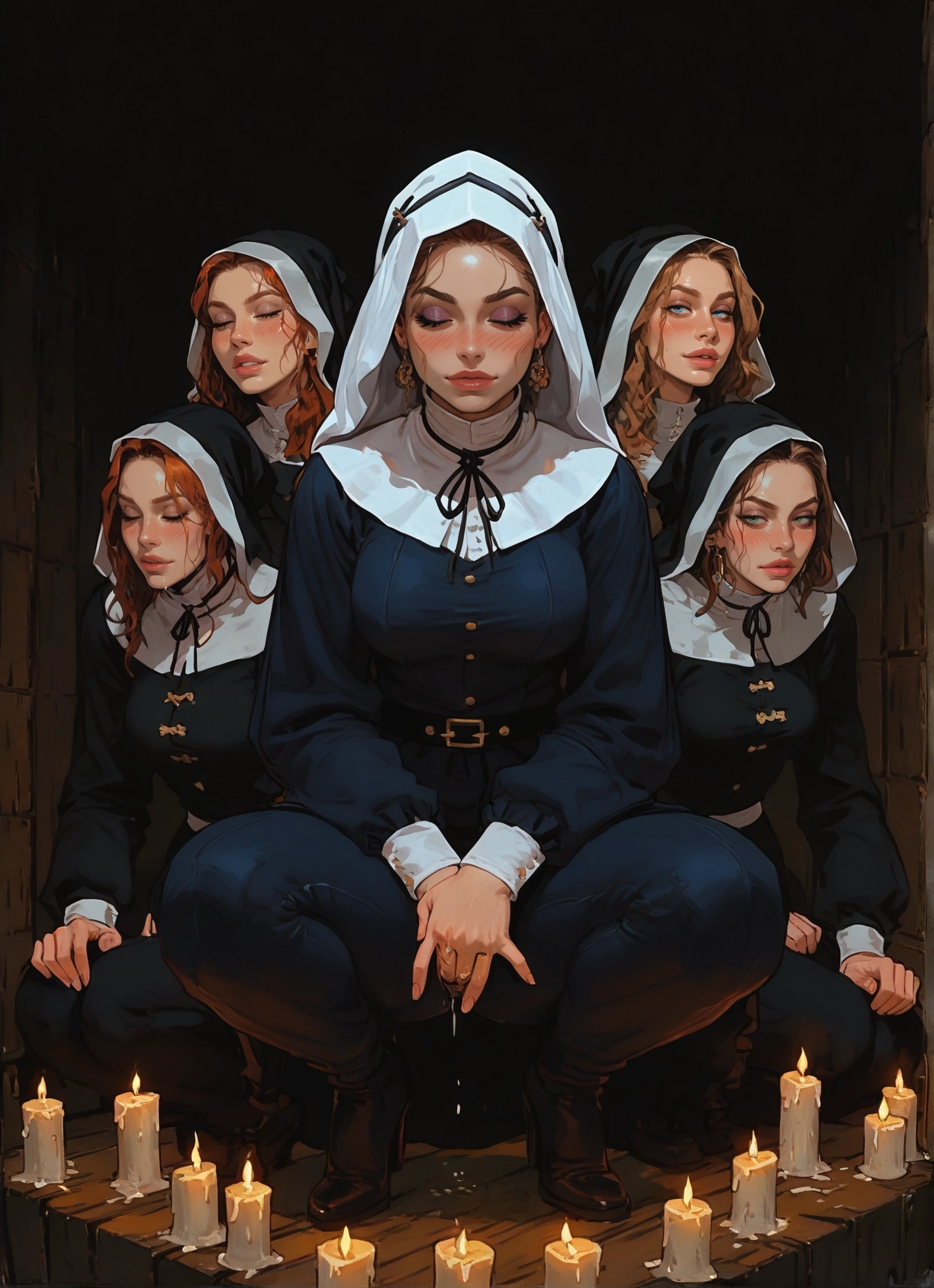 multiple girls, nun, squatting, candle, 4girls, habit · Yamete.gg