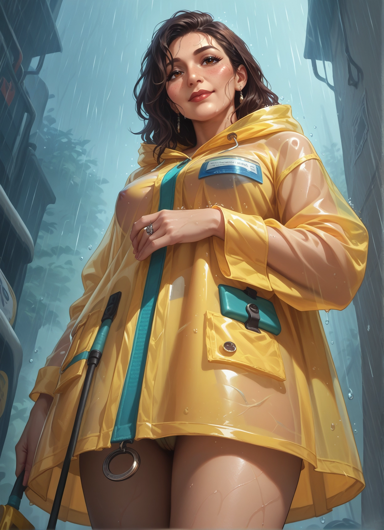 1girl, brown hair, rain, jewelry, raincoat, breasts · Yamete.gg