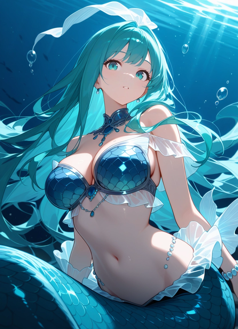 1girl, breasts, underwater, navel, long hair, solo