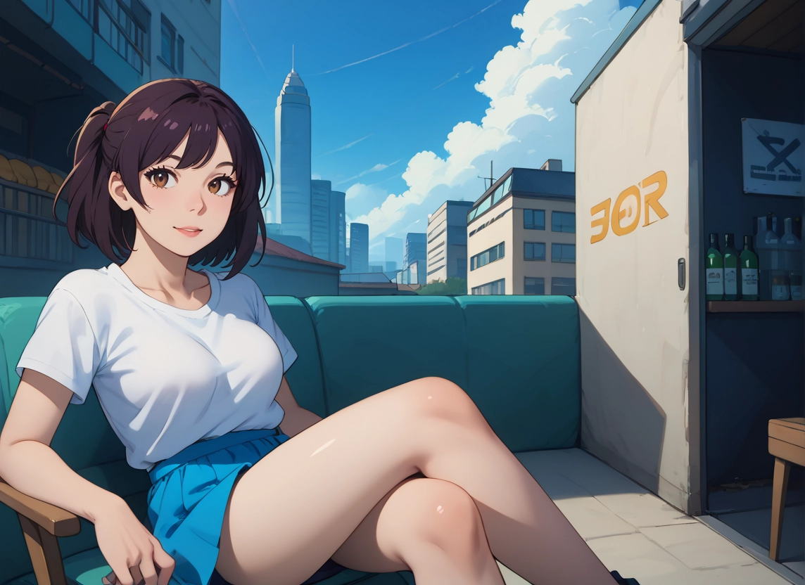 1girl, skirt, brown hair, solo, sitting, brown eyes · Yamete.gg