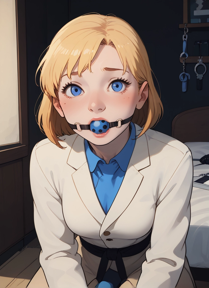 ball gag, gag, 1girl, blonde hair, blue eyes, shirt