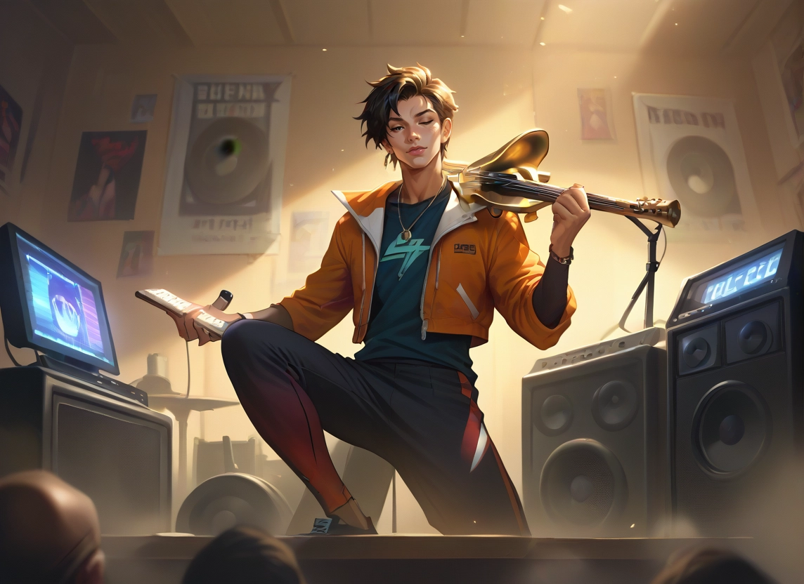 instrument, 1boy, jacket, speaker, jewelry, male focus · Yamete.gg